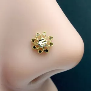 14K Real Gold gold Nose Stud Flower style Push pin Nostril - Picture 1 of 3
