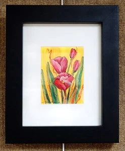 Framed Yellow and Pink Floral Art Print 10.50"x12.50" Black Wooden Frame - Picture 1 of 1