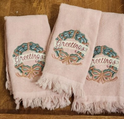 Set Of 3 Vintage Christmas Greetings Pink Fingertip Towels 10"x15" - Image 1 of 3