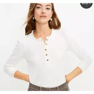 NWT Loft White Ruffled Neckline Puff Shoulder Henley Top Wmns XS Petite Cottage - Picture 1 of 10