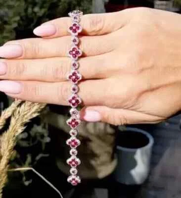 8 Ct Round Lab Created Pink Ruby 14k Wh Gold Plated Women's Tennis Bracelet 7.5" - Image 1 of 4