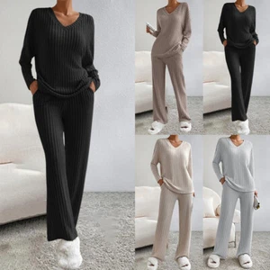 Womens Lounge Wear Tracksuit Ladies Ribbed Baggy Tops Pants Casual Co-ord Set US - Picture 1 of 18