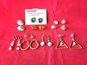 Vintage Lot of 10 Pairs of Fashion Clip-On/ Screw Back Earrings-Many with Stones - Picture 1 of 8