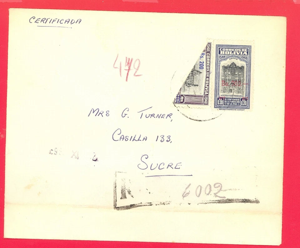 BOLIVIA  Revalued + BISECT Stamp on Registered cover to Sucre - Image 1 of 1