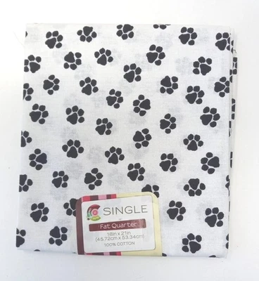 Puppy Dog Paw Print Fat Quarter Fabric 100% Cotton Black White 18"x21" New - Image 1 of 4