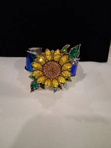Cuff Bracelet With A Large Sunflower And Blue/ Green Enamel,2.75 Diam.Great Cond - Picture 1 of 7