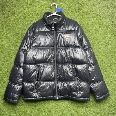 GUESS Puffer Jacket Mens Medium Stamp Quilt Softshell Black Full Zip Up - Image 1 of 4