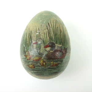 Antique Tin Litho Easter Egg Candy Container Ducks and Chicks Swim Marsh Green - Picture 1 of 10