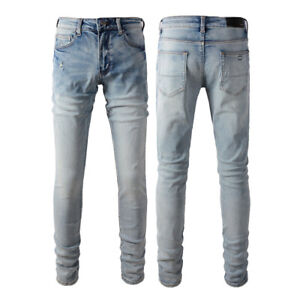 New Pop Style Men's Made Old Pants Skinny Fit Bleached Blue Denim Jeans AM6602C