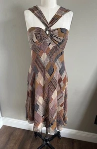 VTG Y2K Nine West 100% Silk Halter Dress Size 6 Brown Geometric Midi - Picture 1 of 6