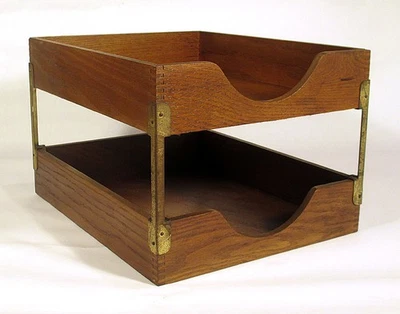 Antique OAK & BRASS Two Tier DESK TRAYS ORGANIZER IN OUT BOX File Globe Wernicke - Image 1 of 4