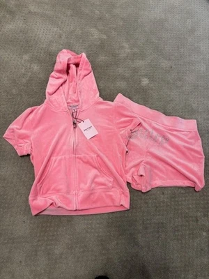 NUEVO CON ETIQUETAS Juicy Couture Flamingo ROSA terciopelo conjunto chándal sudadera con capucha chaqueta pantalones cortos talla M Foto 1 de 3