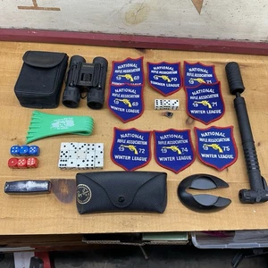 Junk Drawer Lot NRA Vintage Patches League Simmons Binoculars Dice Patriots Pin - Picture 1 of 11
