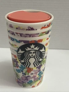 Starbucks Spring 2016 Floral Band Ceramic Tumbler Mug 10oz. Pink Lid - Picture 1 of 9