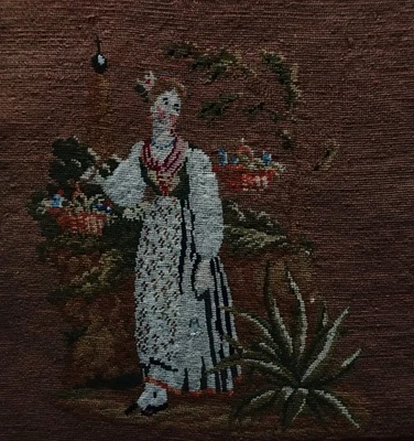 MID 19TH CENTURY NEEDLEPOINT OF A YOUNG WOMAN CARRYING FLOWERS & BIRDS - c.1860 - Image 1 of 4