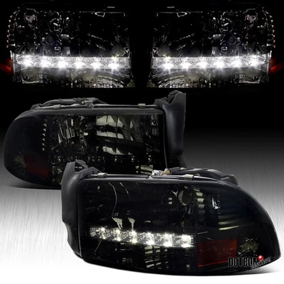 Fits 1997-2004 Dodge Dakota Durango Smoke LED Strip Headlights Lamps Left+Right - Image 1 of 4