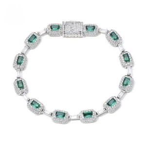 Silver Plated Emerald Baguette Tennis Bracelet Micro Pave Iced Out Bling 8 Inch - Picture 1 of 6