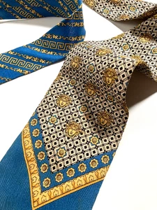 GIANNI VERSACE VINTAGE '90s BAROQUE MEDUSA HEAD TIE SQUARES GRIDS ITALY BLUE - Picture 1 of 20