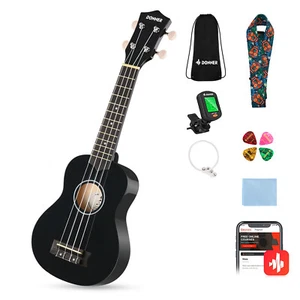 Donner 21" Soprano Ukulele Ukelele Beginner Ukalele With Tuner Pick Strap Black - Picture 1 of 7