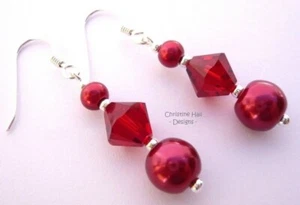 Sterling Silver Swarovski Elements Red Glass Pearl Crystal Dangle Earrings + Box - Picture 1 of 7