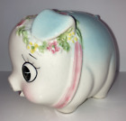 Vintage MCM Anthropomorphic Kitsch Blue White Ceramic Pig w/Bow Piggy Bank Japan