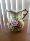 Vintage Enesco China Pitcher Green Pink Rose Hand Painted Gold Trim  Japan