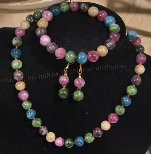Juego de pendientes pulsera de 10 mm redondos coloridos de turmalina gemas collar 18" 7,5" - Imagen 1 de 9