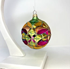 Vintage Polish Blown Glass Christmas Ornament Multifaceted Geometric 4" Ball - Picture 1 of 12