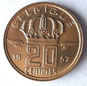 1957 BELGIUM 20 CENTIMES - AU/UNC GEM - Great Coin - Free Ship - Bin #LC 69 - Picture 1 of 2