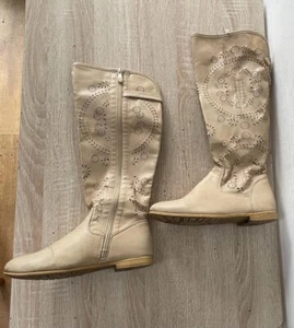DAMEN BEIGE LEDER REISSVERSCHLUSS FLACH KNIEHOHE STIEFEL GRÖßE UK 3 EUR 36 K11 - Bild 1 von 4
