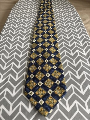 Шикарный винтажный мужской галстук Canali 100% шелк геометрический цветочный синий желтый Италия - Изображение 1 из 4