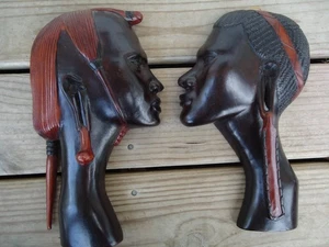 Hand Carved African Tribal Mask Art Pair Male Female Ear Adornment Head Band - Picture 1 of 12