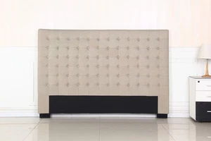 Bed Head King Beige Headboard Upholstery Fabric Tufted Buttons - Picture 1 of 8