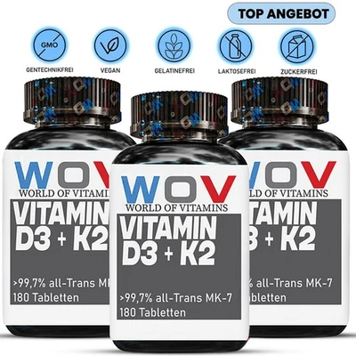 WOV® Vitamin D3 K2 , 3 x 180 Tabletten, 5000 IE, mit Olivenöl - unterstützt Knochen