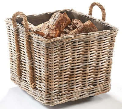 Kaminholzkorb Wagen aus grauem Rattan mit Jutefutter und stabilen Rollen in grau - Bild 1 von 4