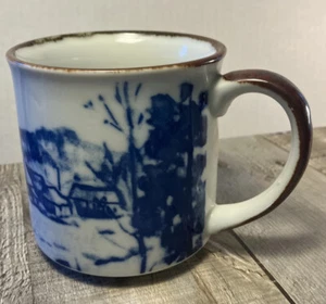 Japanische blau und braun gesprenkelte Kaffeetasse Teetasse handbemalt Dorf - Bild 1 von 7
