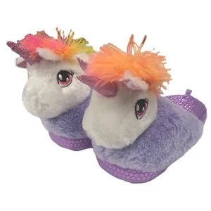 Mädchen Plüsch Lila Regenbogen Einhorn Hausschuhe Haus Schuhe Schrammen - Bild 1 von 2