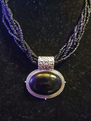 "Collar con cuentas negras colgante tono plata 18"" largo ajustable declaración"  Foto 1 de 4