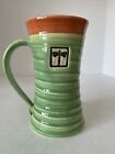 Handmade Art Pottery Green & Orange Ribbed Mug With Dragonfly Imprint Signed
