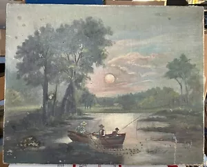 Antikes Ölgemälde Leinwand Vollmondlicht Angelausflug sumpfig sumpfig Szenenkunst - Bild 1 von 20