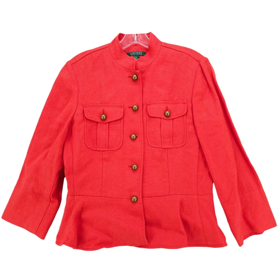 Jaqueta LRL RALPH LAUREN Coral Laranja Vermelha 100% Linho Estilo Militar Peplum Tamanho 8 - Imagem 1 de 4