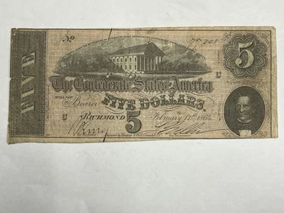~1864 Confederate States of America $5 Five Dollars - Civil War Note - Image 1 of 4