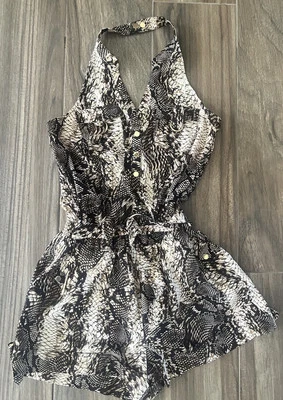 CACHE Estampado Serpiente Halter Cuello Una Pieza Mameluco Corto Cinturón Bolsillos Elástico M Foto 1 de 4