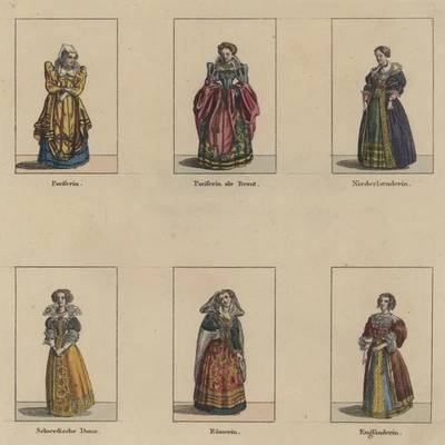 Trachten Europa Frau Frauentracht 17 Jahrhundert Orig color Kupferstich 19 Jhd - Bild 1 von 3