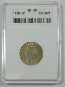 1909 Liberty/"V" Nickel CERTIFIED ANACS MS 63 5c ~ First Generation Holder - Picture 1 of 4