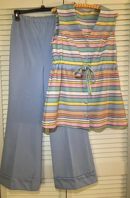 Mini Pantalones de Vestir Vintage Años 70 Retro Dos Piezas Poliéster Rayas Pastel Foto 1 de 4
