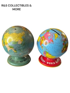 2 Vintage Ohio Art 4.5" Litho Steel Globe Banks Early Tin Litho Savings Bank - Picture 1 of 11