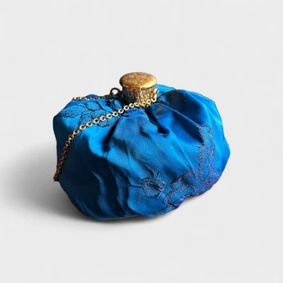 Vintage Wizard Purse Blue Silk Evening Bag Embroidered Fabric Gold Cap & Chain - Image 1 of 4