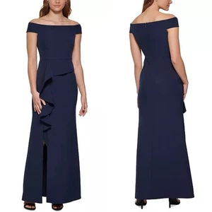 Vince Camuto Women's Navy Blue Off-The-Shoulder Lined Draped Column Gown Size 4 - Picture 1 of 11