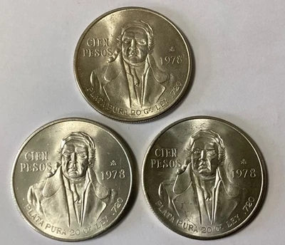 Lote de 3 - Moneda de Plata Cien Pesos México 1978 .720 Plata Fina Foto 1 de 4